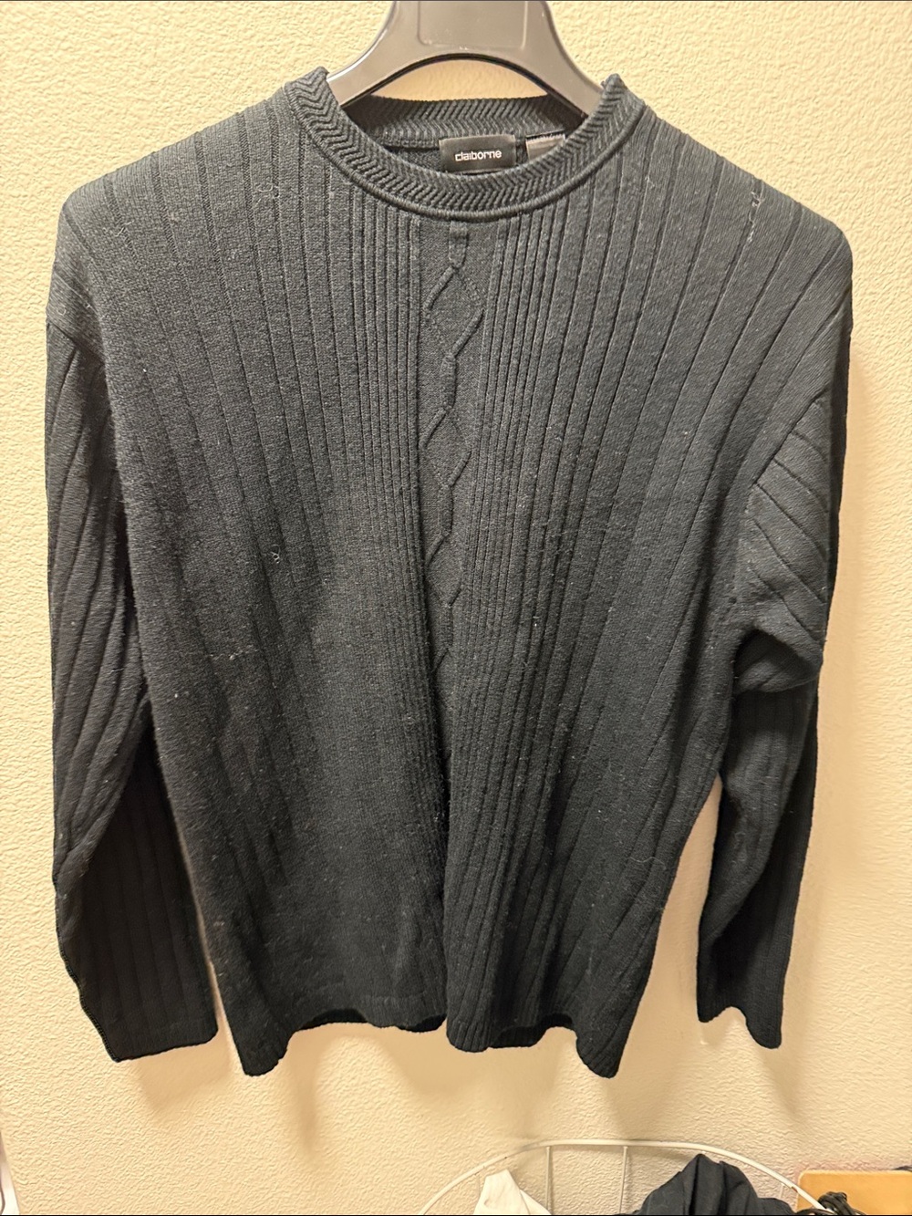Claiborne Men's Black Ribbed Crewneck Sweater with Subtle Center Cable
